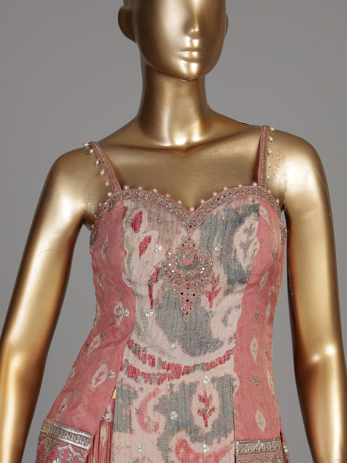 Peach silk palazzo suit with ornate embroidery and dupatta