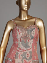 Peach silk palazzo suit with ornate embroidery and dupatta
