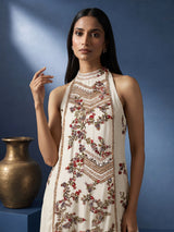 Off white silk palazzo suit with floral prints and mirror embellishments