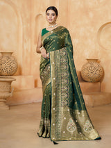 Pastel green mughal paisley mushroom satin saree for women