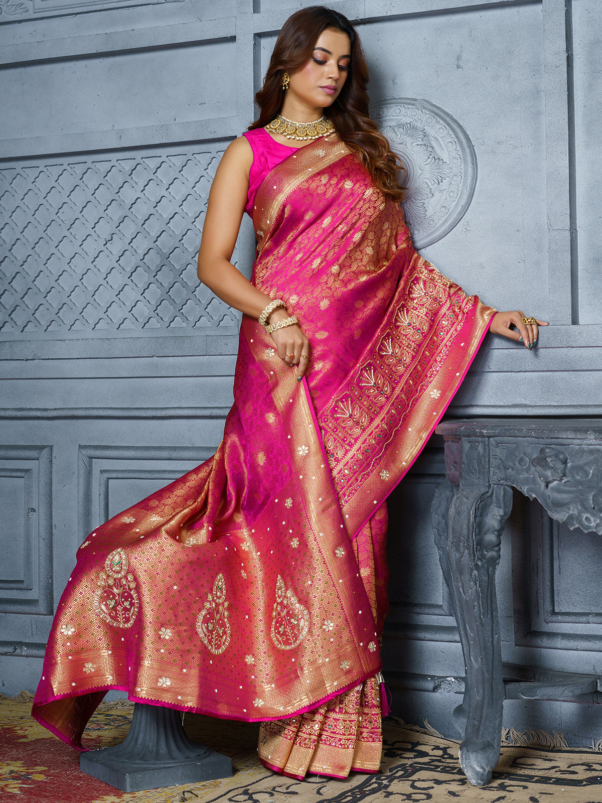 Pastel pink kashmiri resham paisley satin saree for women
