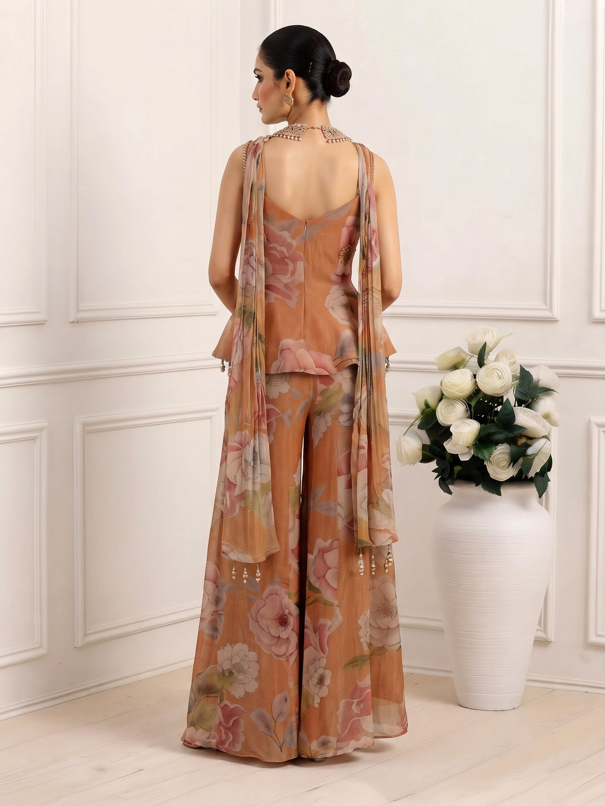 Pastel peach tissue silk palazzo suit with floral detailing