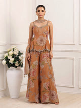 Pastel peach tissue silk palazzo suit with floral detailing