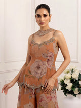 Pastel peach tissue silk palazzo suit with floral detailing