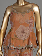 Pastel peach tissue silk palazzo suit with floral detailing