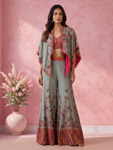Grey silk three-piece palazzo suit with embellished floral prints