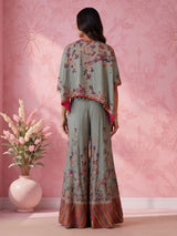 Grey silk three-piece palazzo suit with embellished floral prints