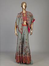 Grey silk three-piece palazzo suit with embellished floral prints