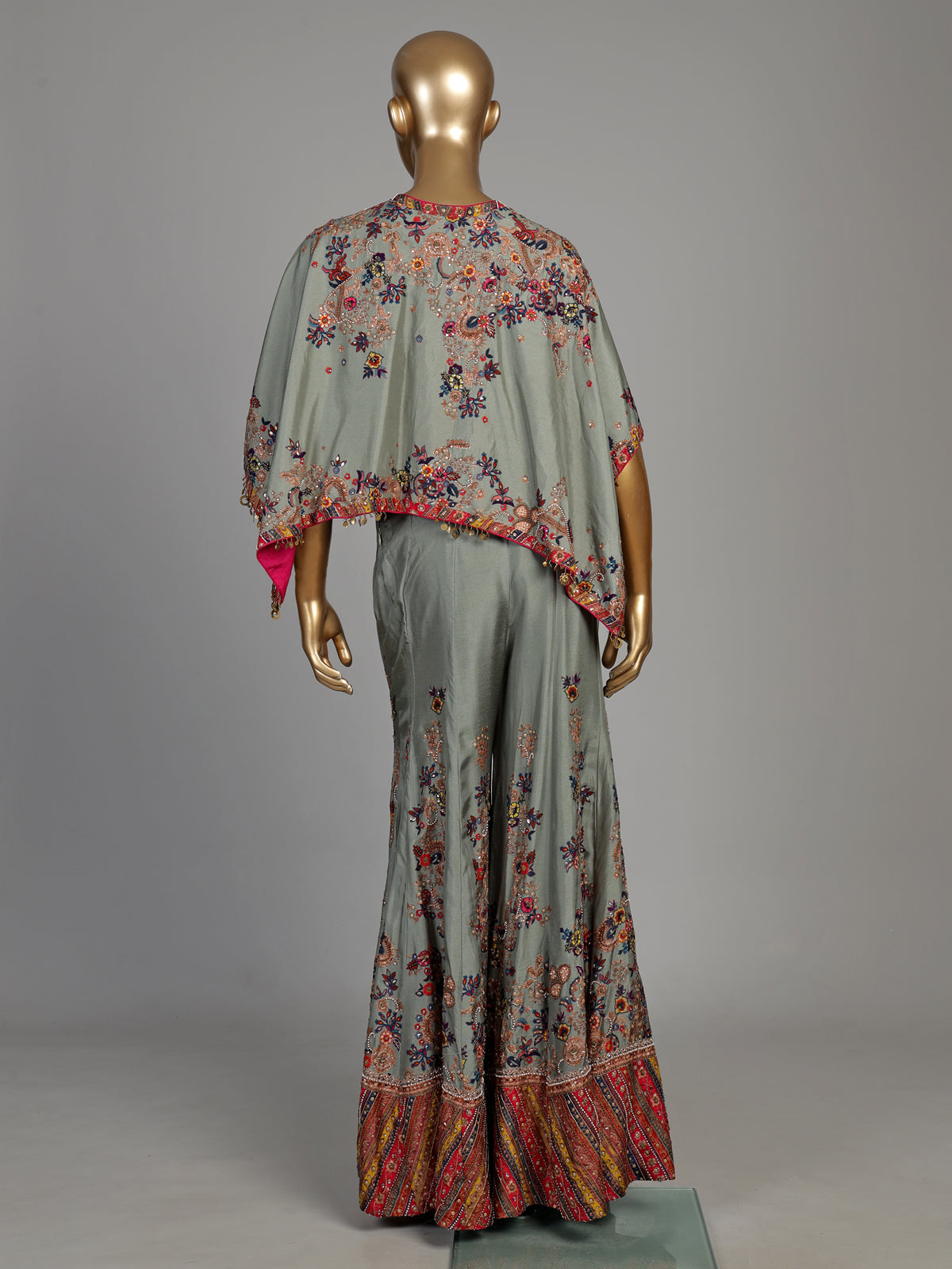Grey silk three-piece palazzo suit with embellished floral prints