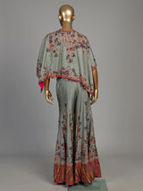Grey silk three-piece palazzo suit with embellished floral prints