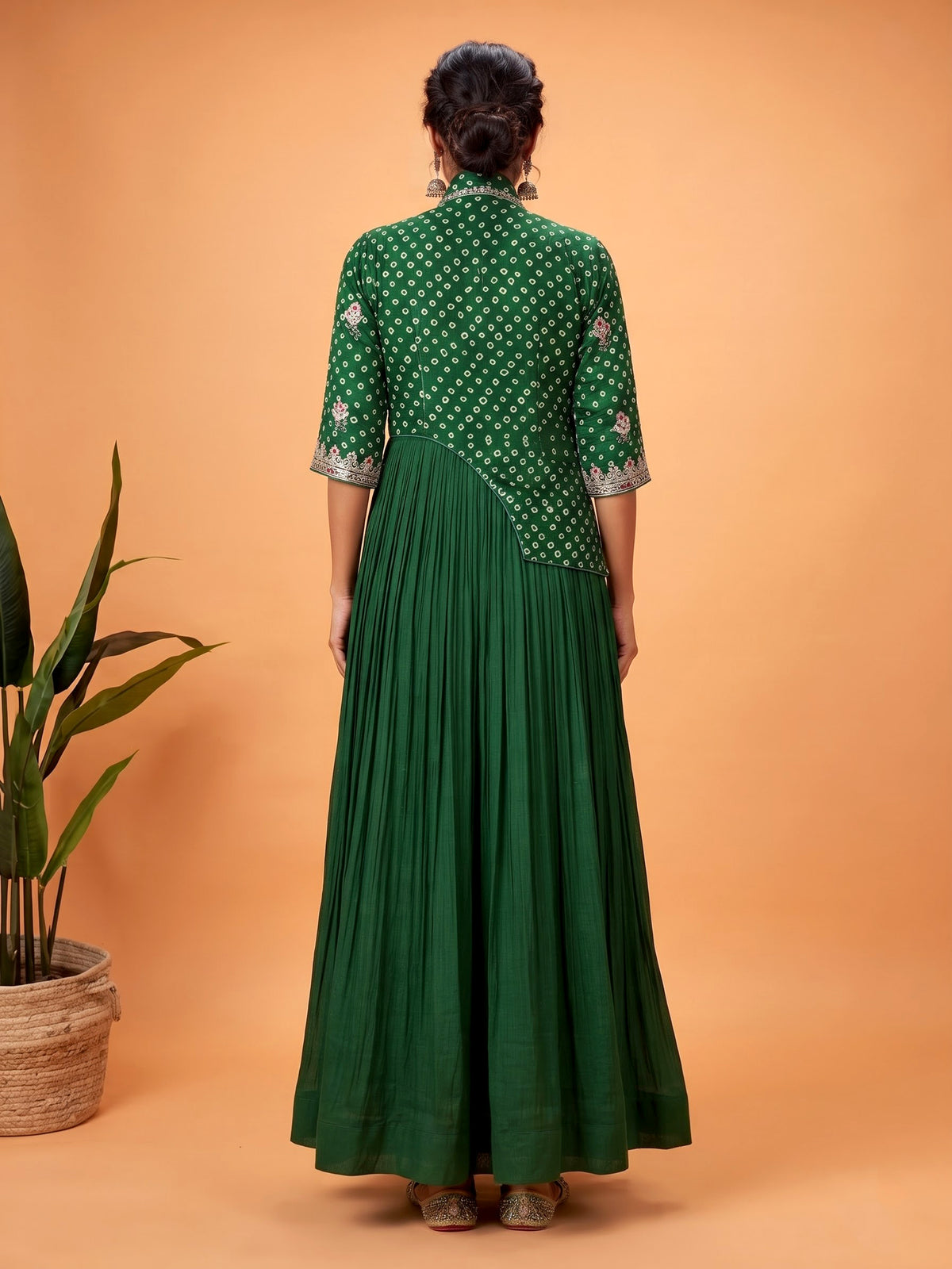 Green chiffon silk bandhani anarkali suit with gota embellishments