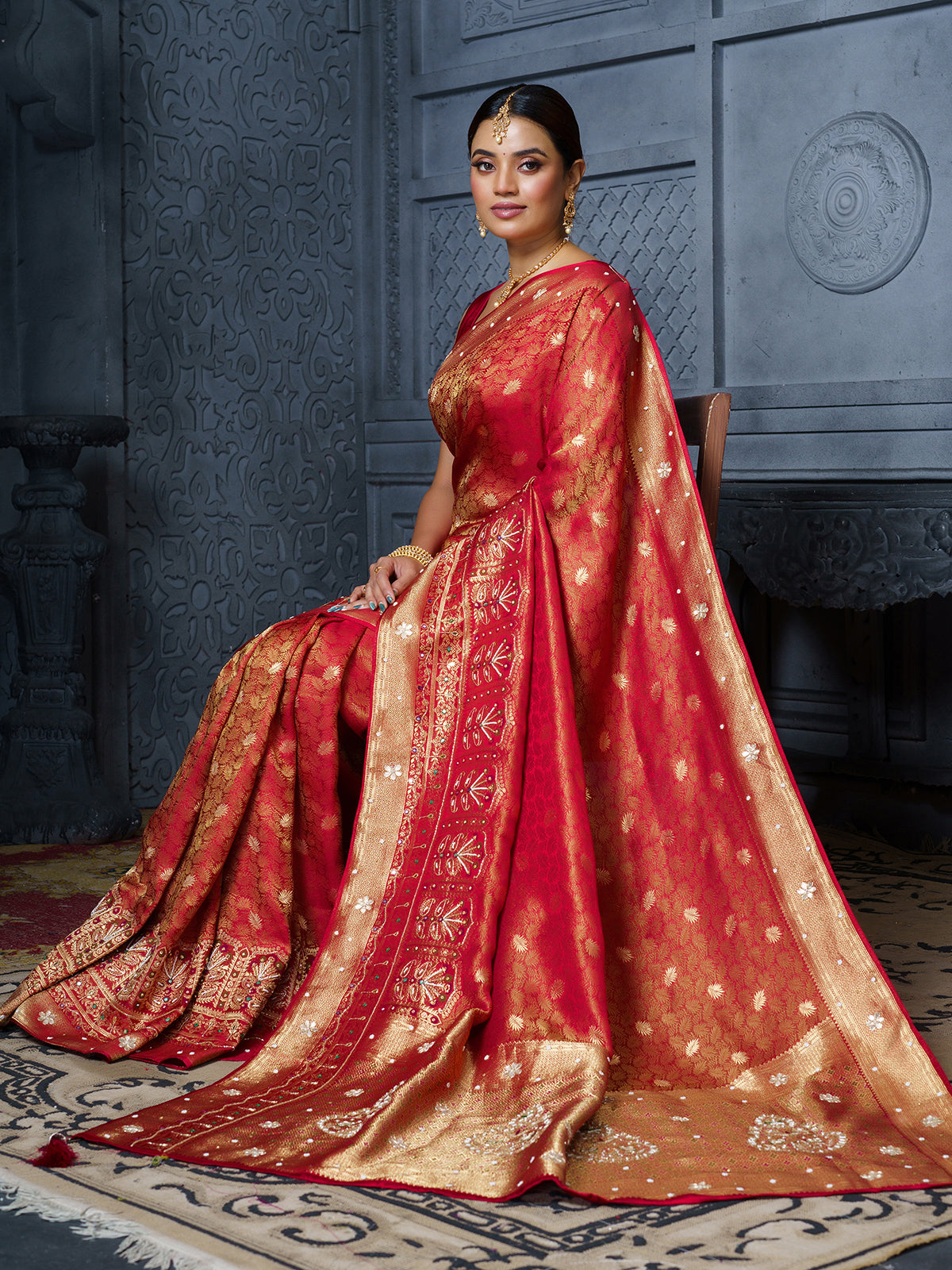 Red royal paisley botanical mushroom satin saree for women