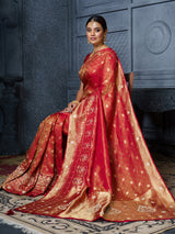 Red royal paisley botanical mushroom satin saree for women