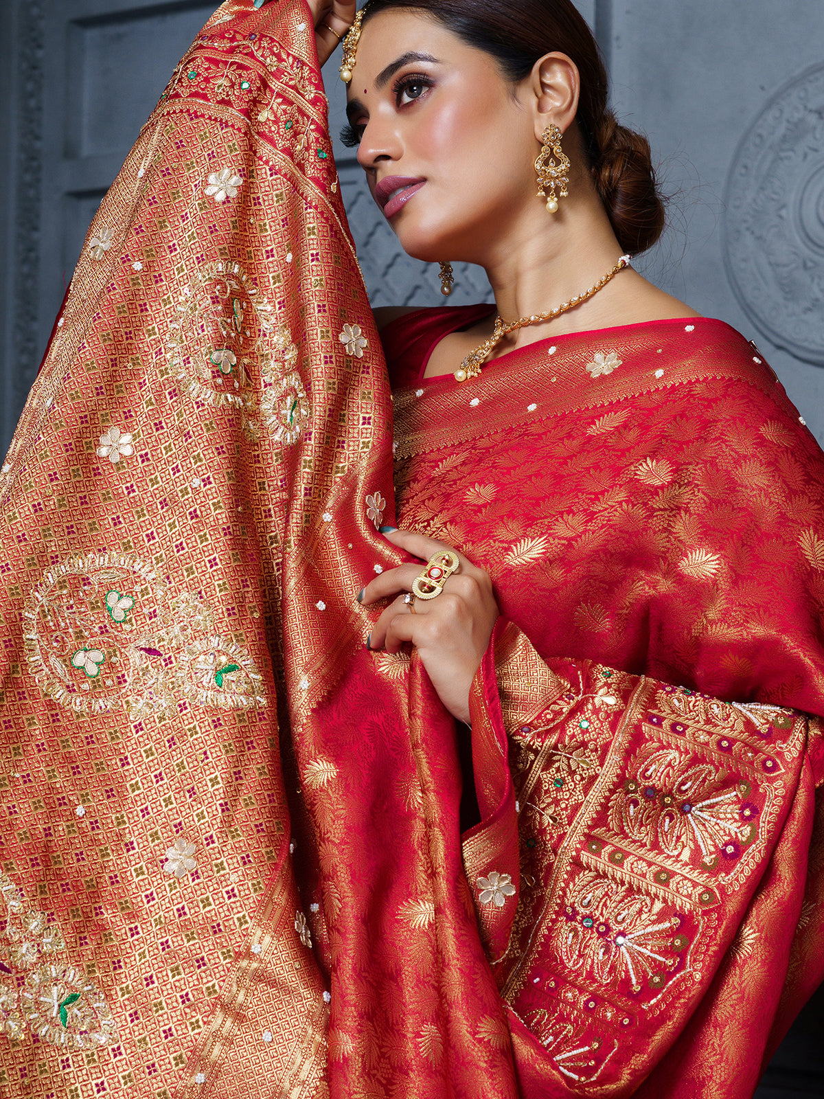 Red royal paisley botanical mushroom satin saree for women