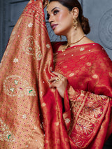 Red royal paisley botanical mushroom satin saree for women