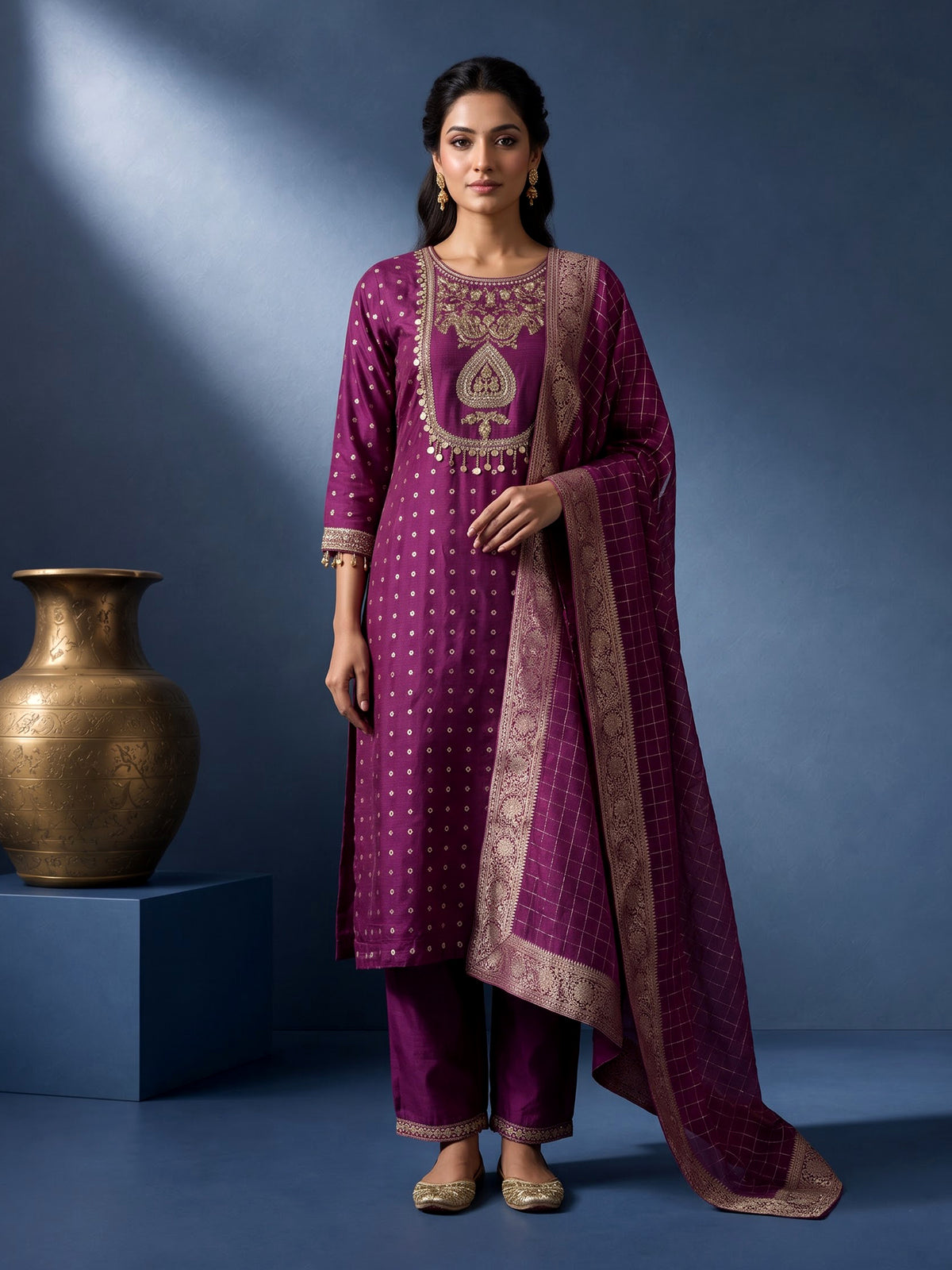 Violet purple silk bandhani suit with embroidered yoke and tassels
