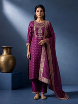 Violet purple silk bandhani suit with embroidered yoke and tassels