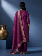Violet purple silk bandhani suit with embroidered yoke and tassels