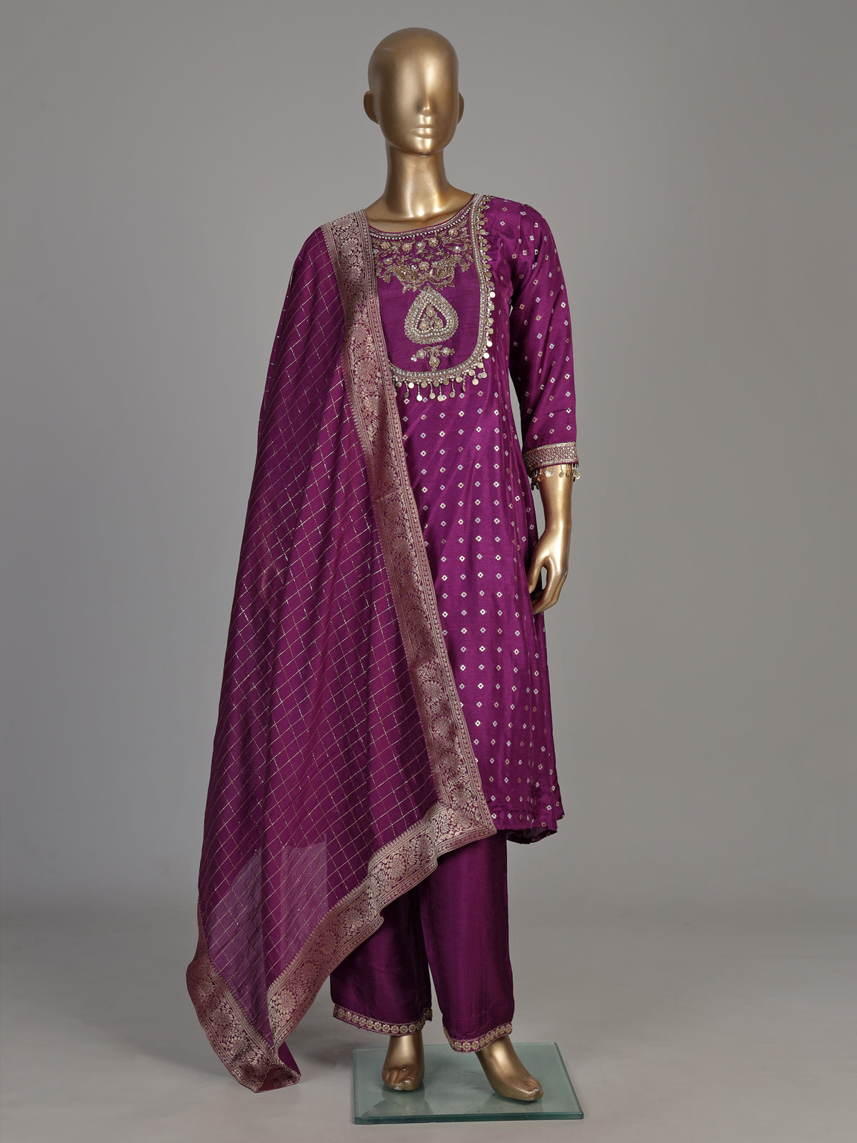 Violet purple silk bandhani suit with embroidered yoke and tassels