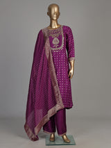 Violet purple silk bandhani suit with embroidered yoke and tassels