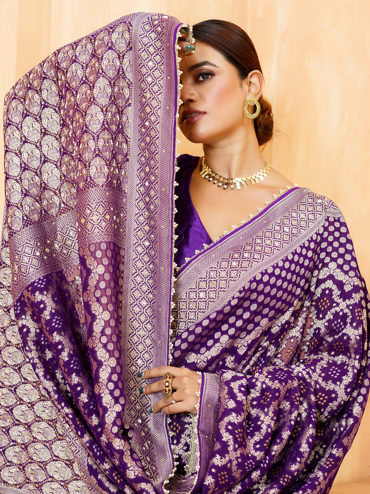 Purple persian vine bandhani georgette saree for women