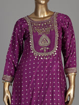 Violet purple silk bandhani suit with embroidered yoke and tassels