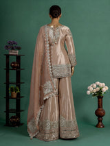 Pastel peach Pakistani silk palazzo suit with mirror embellishments