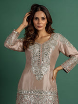 Pastel peach Pakistani silk palazzo suit with mirror embellishments