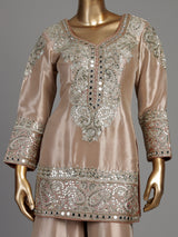 Pastel peach Pakistani silk palazzo suit with mirror embellishments