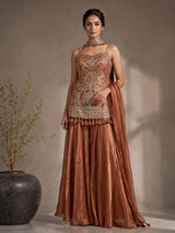 Rust peach tissue silk palazzo suit with intricate zardosi work