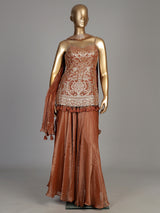 Rust peach tissue silk palazzo suit with intricate zardosi work
