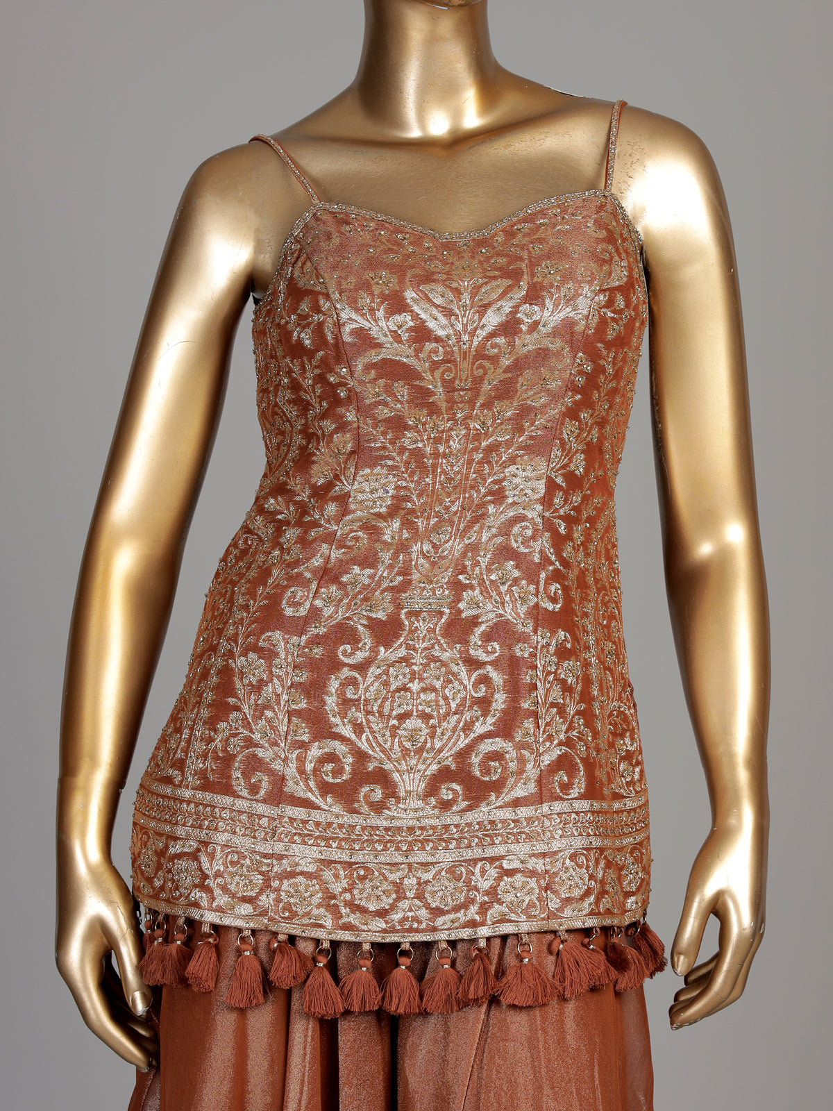 Rust peach tissue silk palazzo suit with intricate zardosi work
