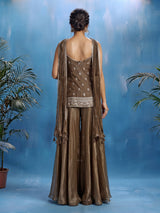 Dark beige tissue silk palazzo suit with ornate zari embellishments