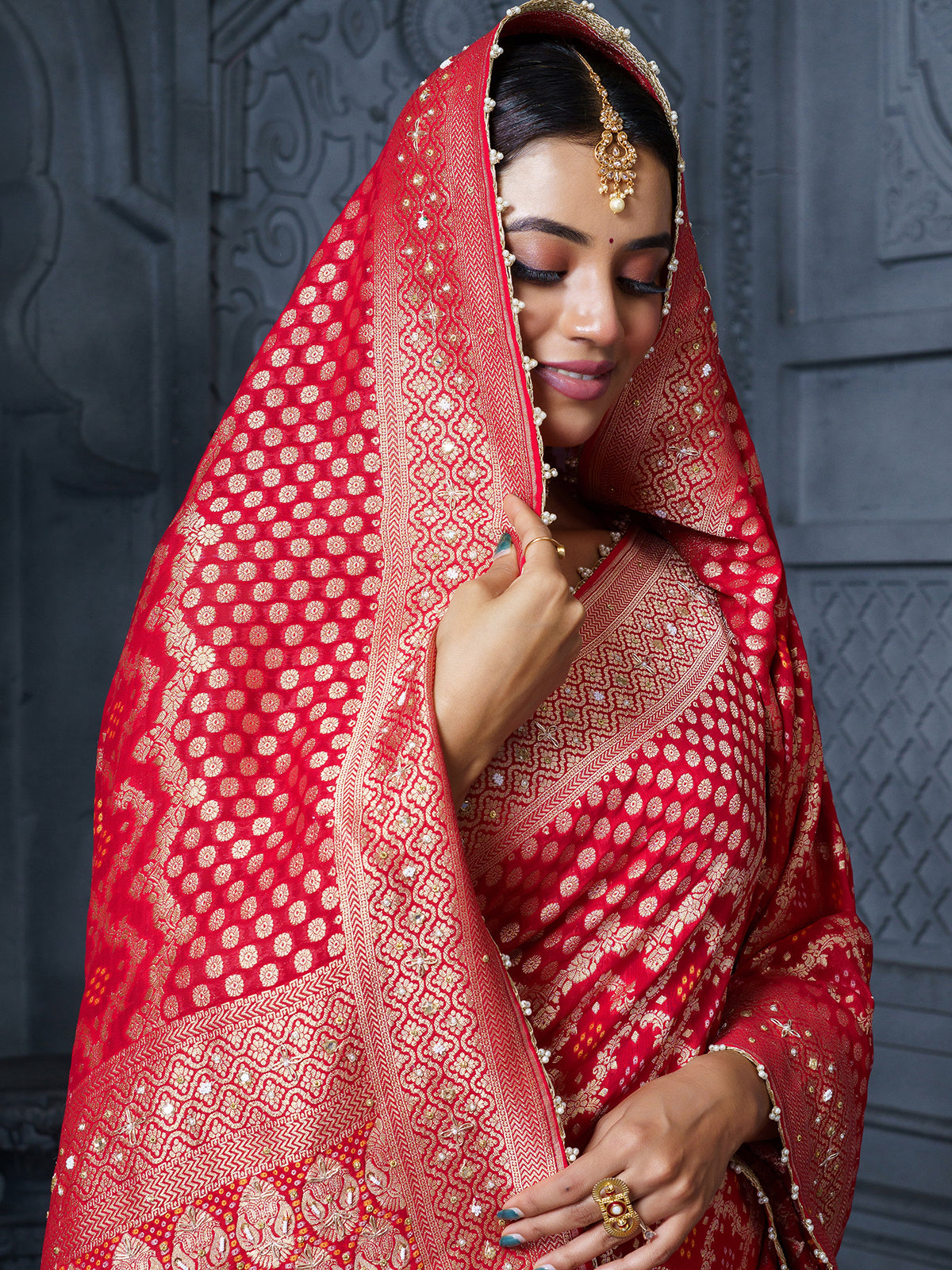 Red royal floral bandhani georgette saree for women