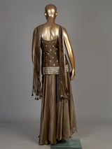 Dark beige tissue silk palazzo suit with ornate zari embellishments