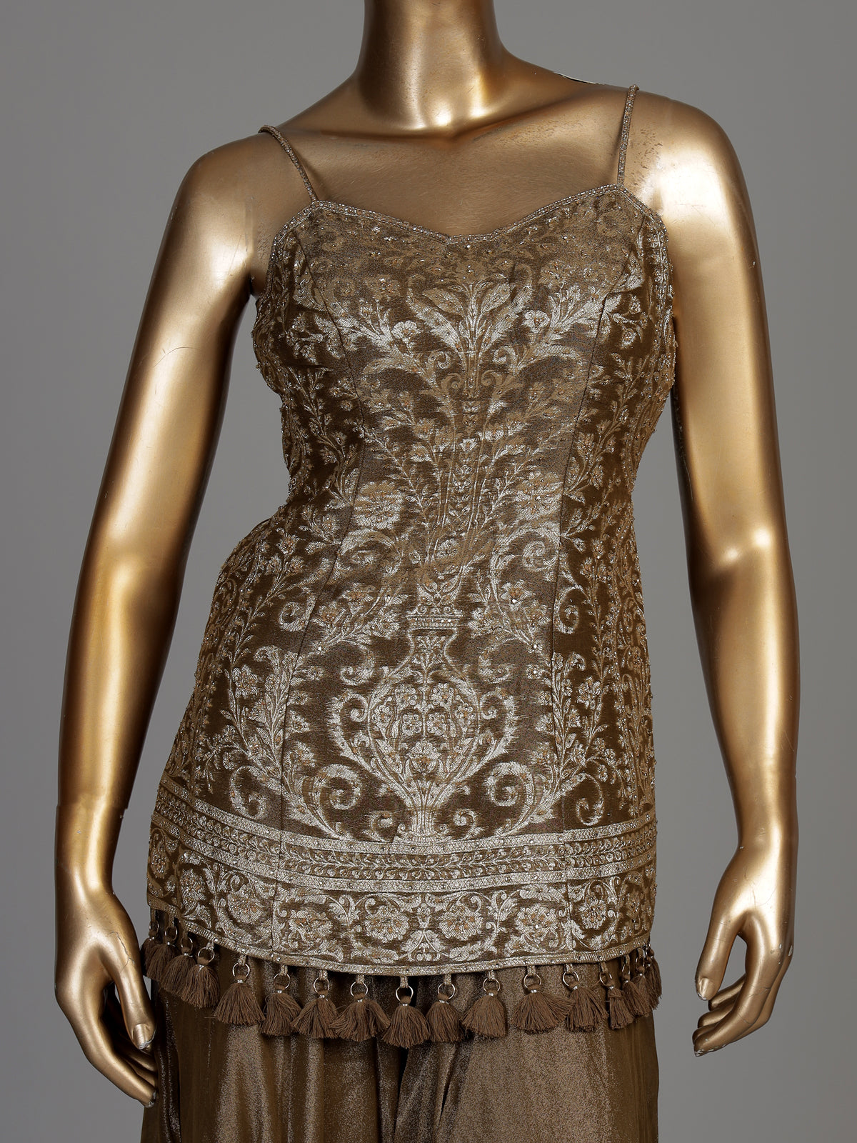 Dark beige tissue silk palazzo suit with ornate zari embellishments