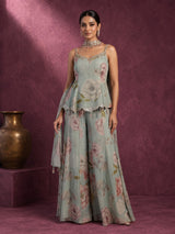 Pastel mint green tissue silk palazzo suit with floral embroidery