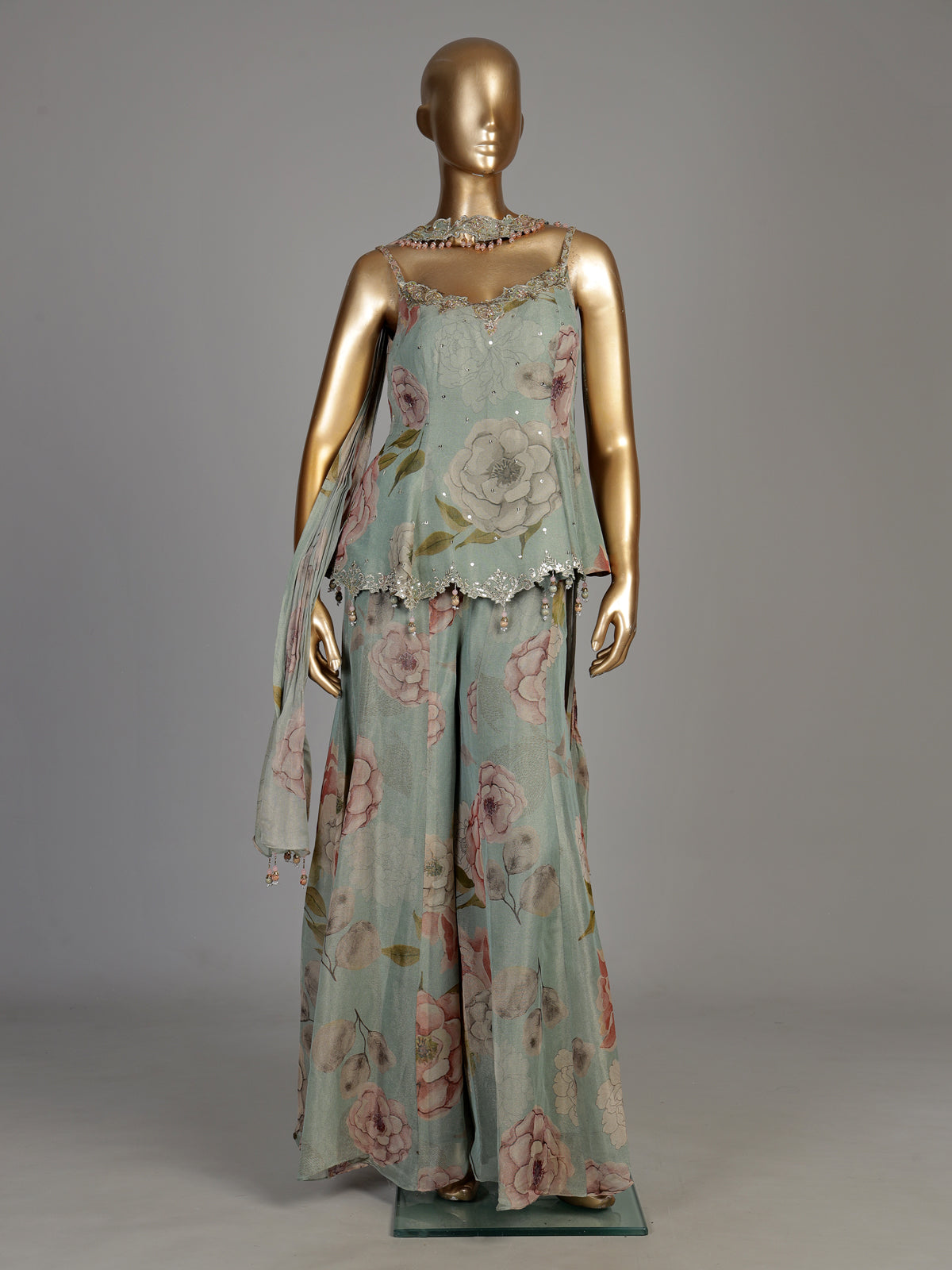 Pastel mint green tissue silk palazzo suit with floral embroidery
