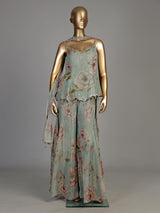 Pastel mint green tissue silk palazzo suit with floral embroidery