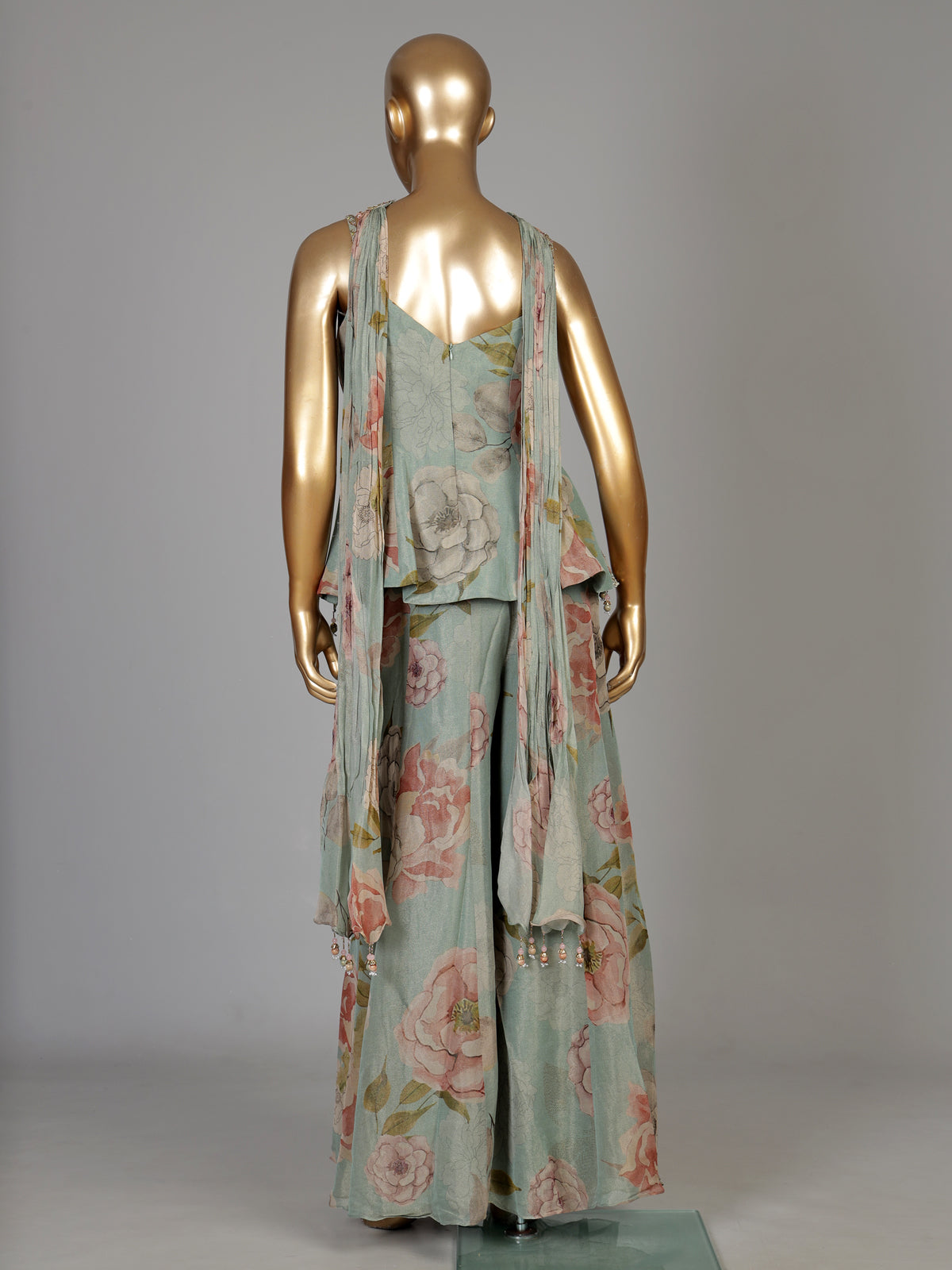 Pastel mint green tissue silk palazzo suit with floral embroidery