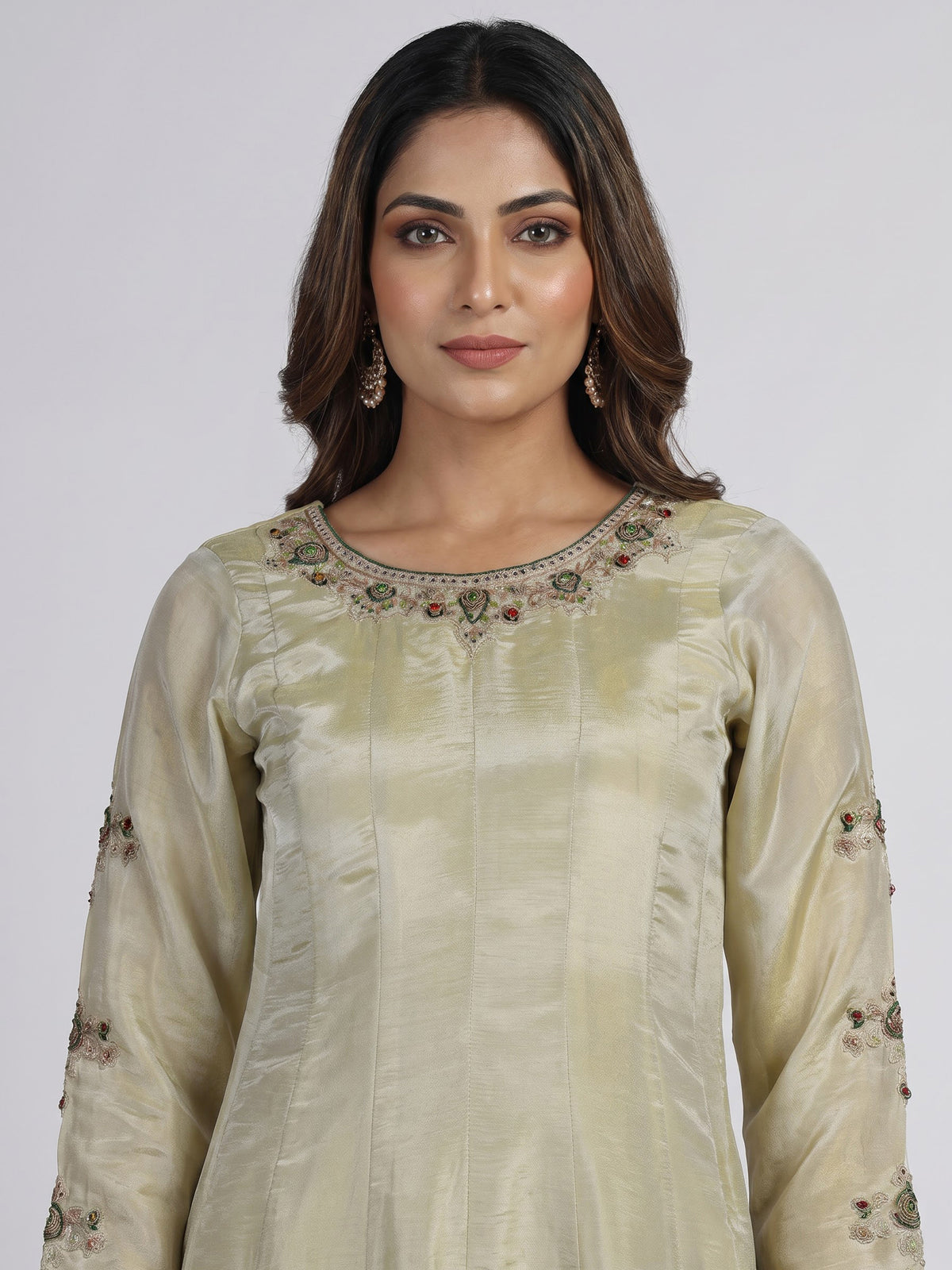 Pastel pista green tissue silk anarkali suit with diamond accents