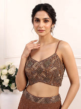 Brown satin silk palazzo suit with mirror work and tassel accents