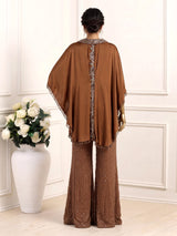 Brown satin silk palazzo suit with mirror work and tassel accents