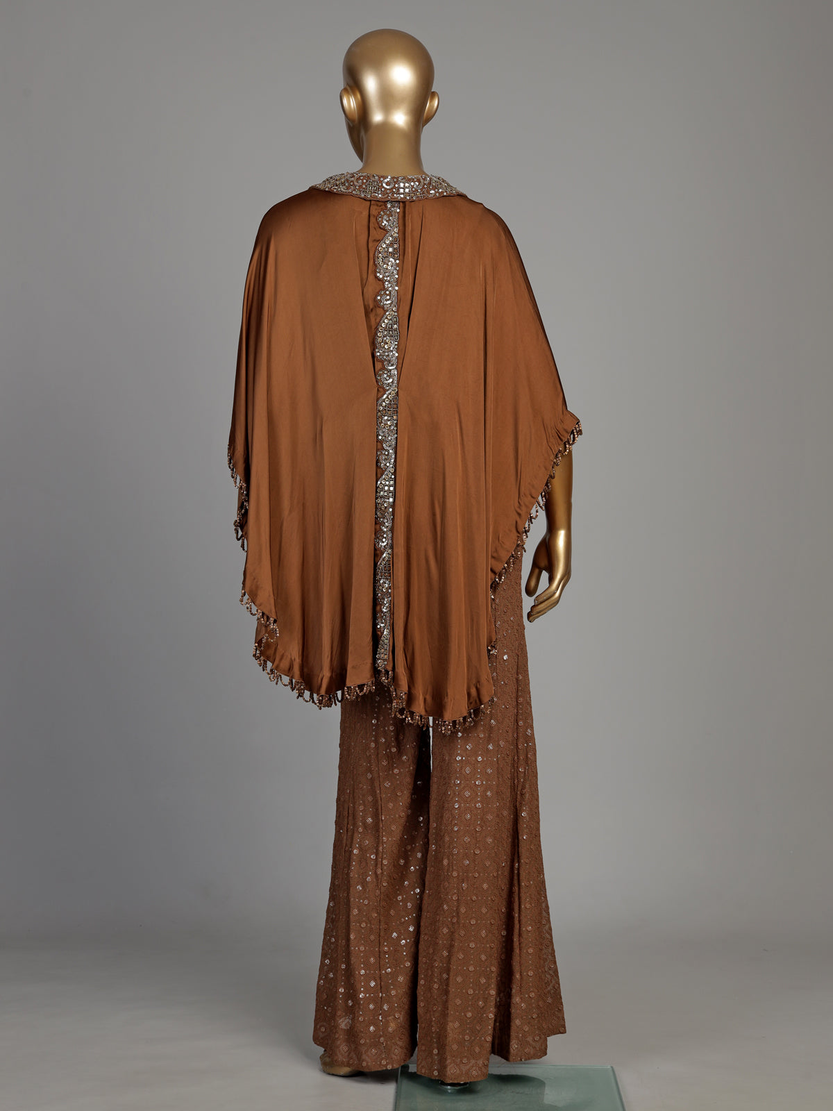Brown satin silk palazzo suit with mirror work and tassel accents