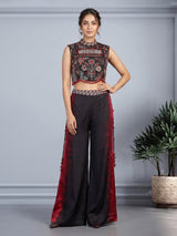 Black satin silk shaded palazzo suit with ornate bandhgala styling