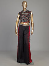 Black satin silk shaded palazzo suit with ornate bandhgala styling