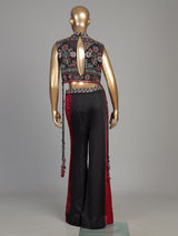 Black satin silk shaded palazzo suit with ornate bandhgala styling