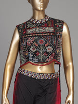 Black satin silk shaded palazzo suit with ornate bandhgala styling