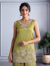Pastel mehendi green silk palazzo suit with pearl embellishments