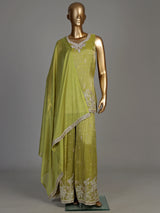 Pastel mehendi green silk palazzo suit with pearl embellishments